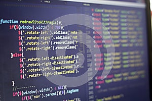 Javascript front-end code. Computer programming source code. Abstract screen of web developer.