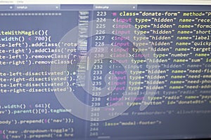Javascript front-end code. Computer programming source code. Abstract screen of web developer.