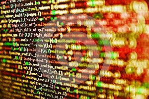 Javascript functions, variables, objects. Closeup of Web Code on Computer LED Screen. Programmer working on computer screen.