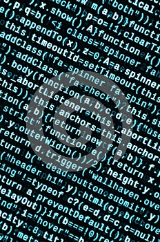 Javascript functions, variables, objects. Monitor closeup of function source code. IT specialist workplace