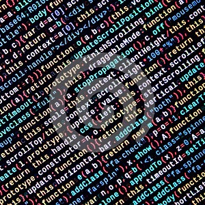 Javascript functions, variables, objects. Monitor closeup of function source code. IT specialist workplace