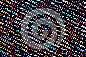 Javascript functions, variables, objects. Monitor closeup of function source code. IT specialist workplace