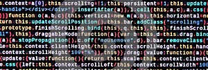 Javascript functions, variables, objects. Monitor closeup of function source code. IT specialist workplace