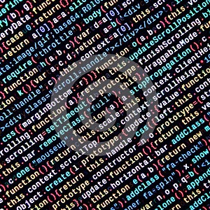 Javascript functions, variables, objects. Monitor closeup of function source code. IT specialist workplace