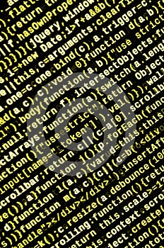 Javascript functions, variables, objects. Monitor closeup of function source code. IT specialist workplace