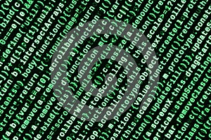 Javascript functions, variables, objects. Monitor closeup of function source code. IT specialist workplace