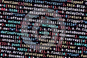 Javascript functions, variables, objects. Monitor closeup of function source code. IT specialist workplace
