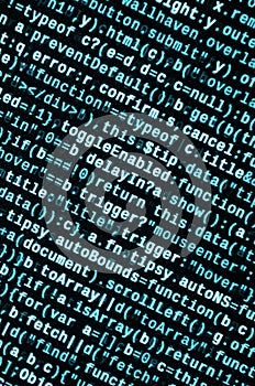 Javascript functions, variables, objects. Monitor closeup of function source code. IT specialist workplace
