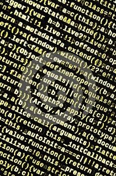 Javascript functions, variables, objects. Monitor closeup of function source code. IT specialist workplace