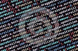 Javascript functions, variables, objects. Monitor closeup of function source code. IT specialist workplace