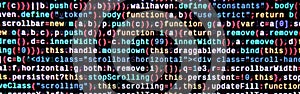 Javascript functions, variables, objects. Monitor closeup of function source code. IT specialist workplace