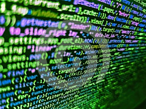 Javascript functions, variables, objects. Programming code abstract screen of software developer. Php code on blue background in