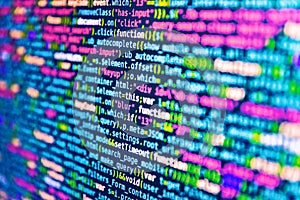 Javascript functions, variables, objects. Programming code abstract technology background of software developer and Computer