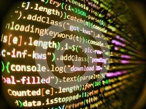 Javascript functions, variables, objects. Programming source code abstract screen of software developer. Concept of security,
