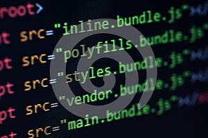Javascript lines of code into a library for website application. Script language in a software developed for internet