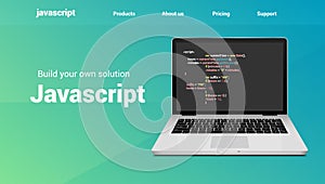 Javascript programming code technology banner. Javascript language software coding development website design