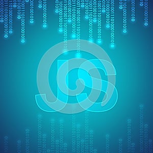 JavaScript programming. JS logo on blue binary background