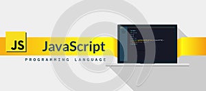 Javascript programming language with script code on laptop screen, programming language code illustration