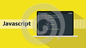 Javascript programming language with script code on laptop screen