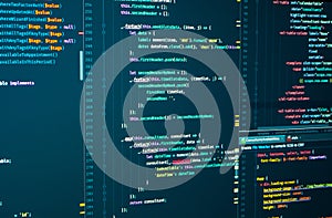 Javascript source development code. Script language for software development. Digital java code and markuÃÂ· splitting on the