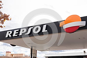 JAVEA, SPAIN - DECEMBER 15, 2017: A Repsol logo. Repsol is a Spanish multinational oil and gas company based in Madrid.