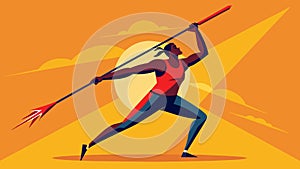 A javelin thrower winds up and releases their spear the sunlight glinting off its polished tip.. Vector illustration.