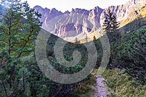 Javorova dolina valley with hiking trail and peaks above in Vysoke Tatry mountains in Slovakia