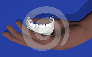 Jaw, cast of teeth, human teeth. The palms in the picture. Dentistry, periodontist. 3D-rendering photo