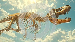 A jawdropping display of a full dinosaur skeleton suspended in midair showcasing the incredible size and strength of