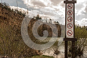 Jaworzno, Poland, April 21, 2023: Prohibition signs in Grodek Park in Jaworzno, Poland