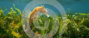 The Jayakar's seahorse (Hippocampus jayakari) camouflaged in seagrass in its natural habitat.