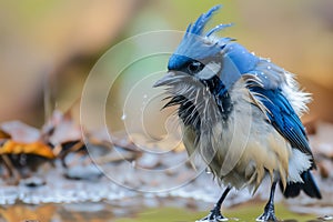 jaybird fluffing feathers after a puddle bath