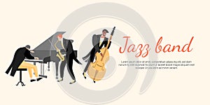 Jazz band concert banner with pianist, saxophonist and double bass player