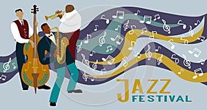 Jazz band on a decorative background with notes. Saxophonist, trombone player and cellist playing instruments.