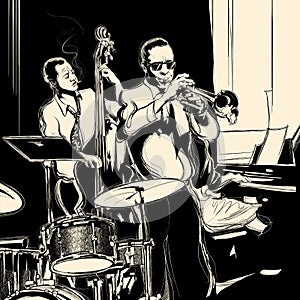 Jazz band with double-bass trumpet piano and drum