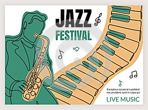 Jazz band festival poster. Music concert. Synthesizer keyboard. Musical performance flyer. Musician playing saxophone