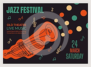 Jazz band festival poster. Party invitation. Trumpet concert. Color music acoustic instrument. Musical performance