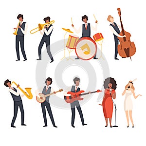 Jazz Band Group, Musicians Singing and Playing Trumpet, Banjo, Saxophone, Trombone, Drums, Guitar, Double Bass, Vector