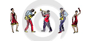 Jazz band hand drawn sketch vector illustration. People dancing and playing on musical instruments. Doodle colorful silhouettes of