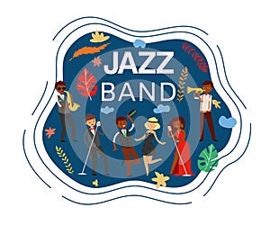 Jazz band inscription, composite on banner, saxophone concert music, stage equipment, design cartoon style vector