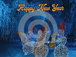 Jazz band of merry snowmen. The concept of New year and Christmas. Magical new year\'s eve.