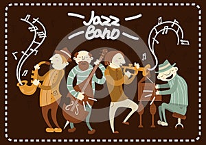 Jazz band playing on saxophones and piano music vector poster