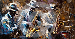 A jazz band plays music on a brown background with palette knives and brushes. The jazzman plays the saxophone.