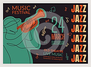 Jazz band poster. Party invitation. Music concert. Acoustic musical festival. Musician playing trumpet. Color line