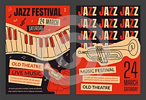 Jazz band poster. Party invitation. Music concert. Musical festival. Trumpet and piano. Theatre performance flyer