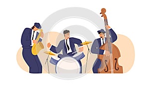 Jazz band with saxophone, drum kit and double bass. Musicians men in suits playing blues. Drummer, saxophonist and cello