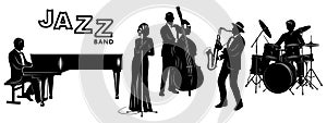 Jazz Band Silhouettes Set. Pianist, Singer, Double Bassist, Saxophonist, Drummer