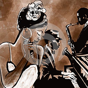 Jazz band with singer, saxophone and piano - illustration