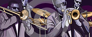 Jazz band with trombonne trumpet double bass and drum photo