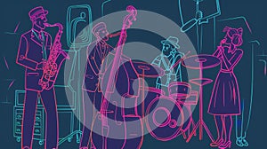 A jazz band vibe and performers performing music on stage. Male and female musicians playing instruments drums